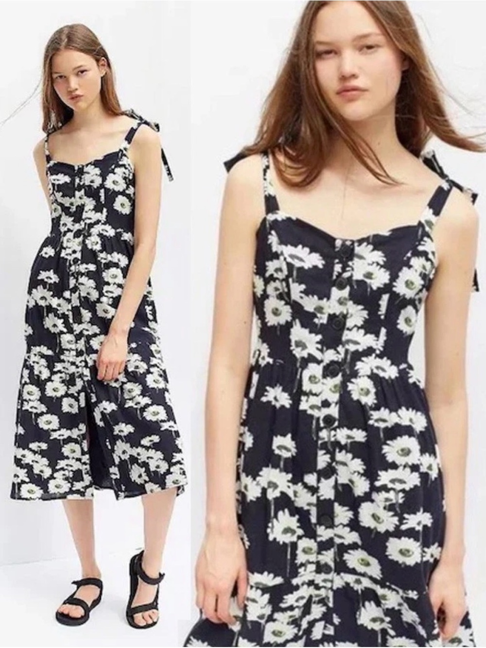 Urban Outfitters Positano Daisy Print Tie-Shoulder Floral Midi Sweetheart Dress